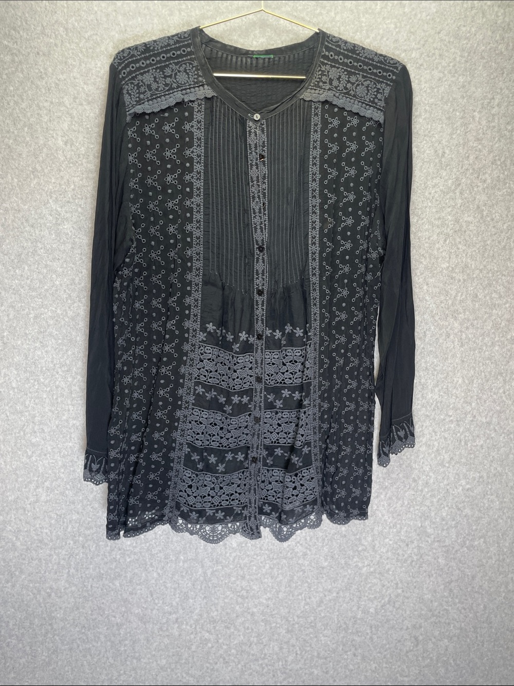 Johnny Was Black Floral Embroidered Whimsigoth Boho Tunic Top